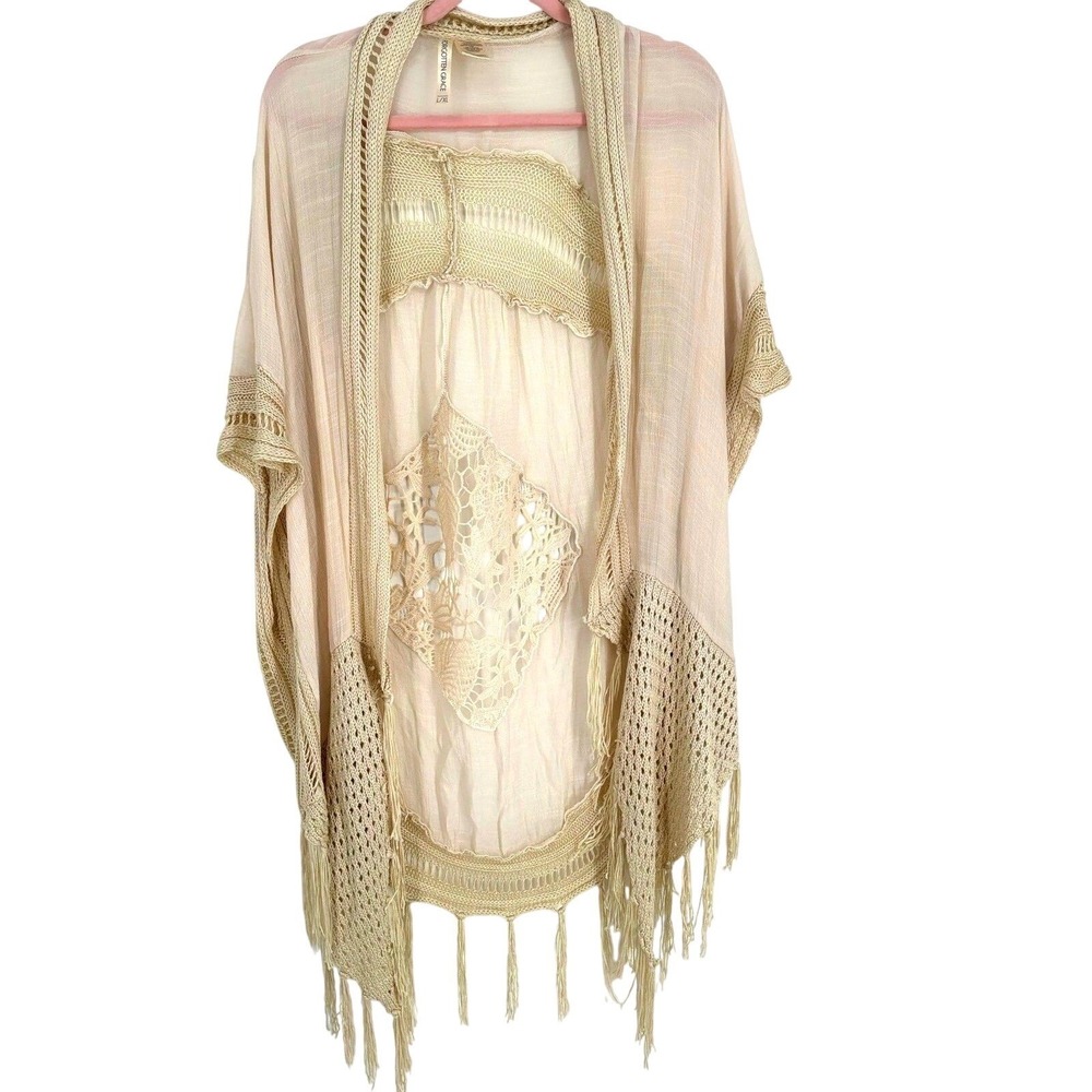 Forgotten Grace Women Beige Crochet Lace Fringe Kimono Cardigan L/XL  Boho
